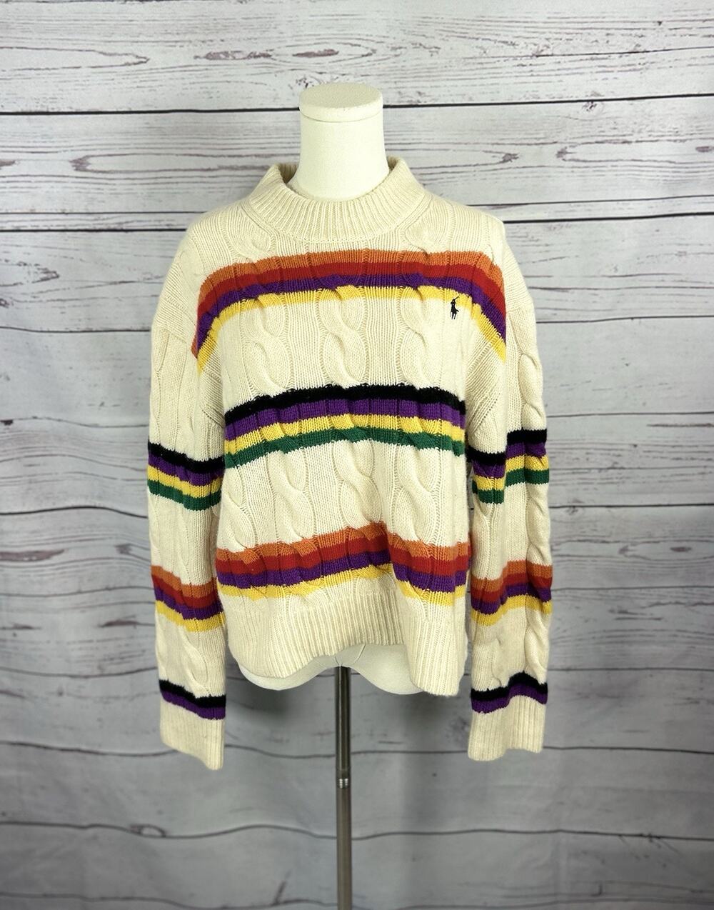 Polo Ralph Lauren Rainbow Striped Cable Knit Wool Cashmere Sweater Cream Large